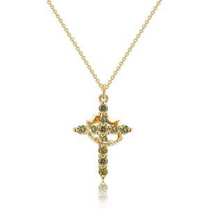 Women M08 Peridot Green, Aug  14K Gold Plated Crown Cross Necklace - Non-Tarnish